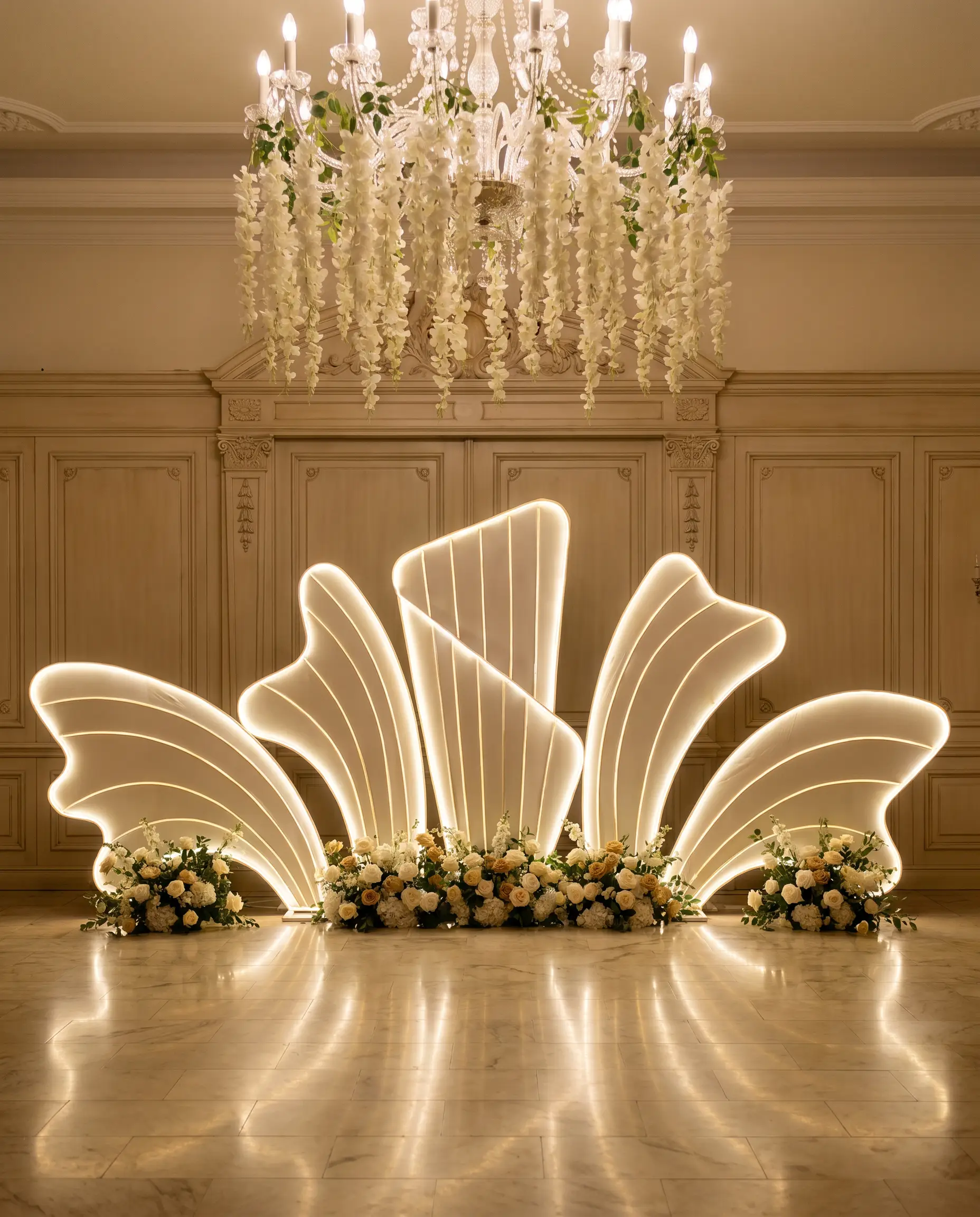 Shell-Fan Backdrop mit Chandelier