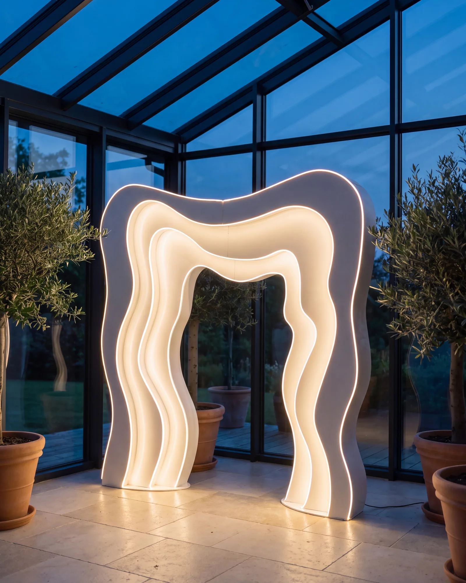 Beleuchteter LED-Wellenbogen zur blauen Stunde
