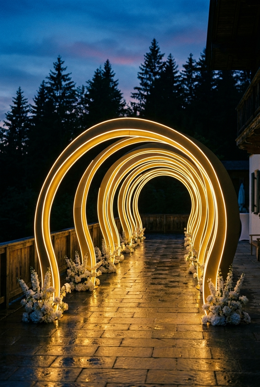 Goldener LED-Bogen-Tunnel auf Steinterrasse bei Dämmerung