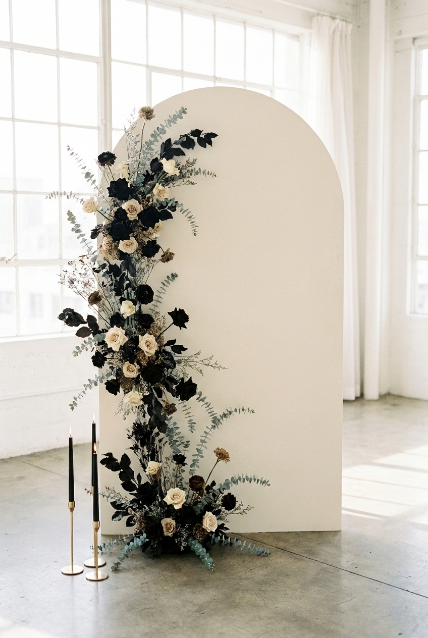 Cremefarbene Bogen-Fotowand mit schwarz-weißem Blumenarrangement