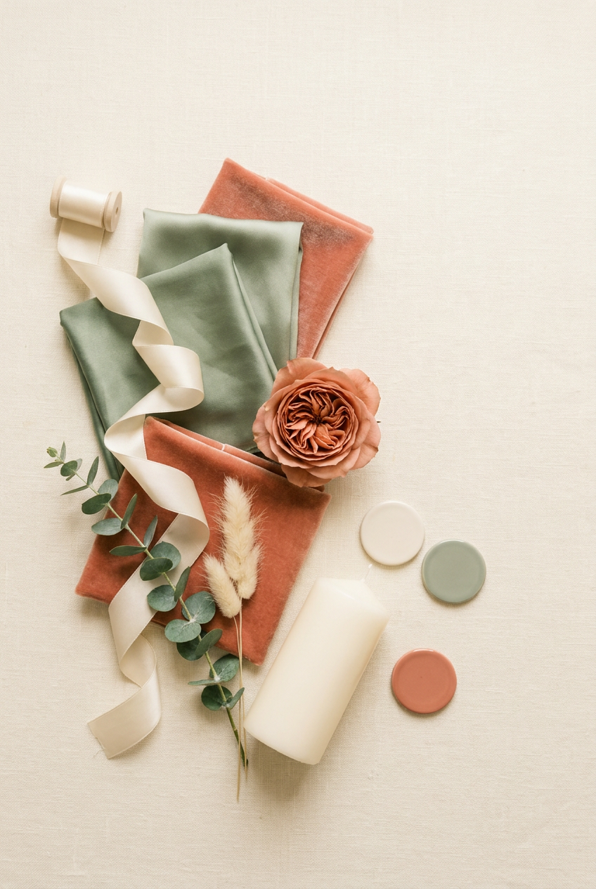 Flatlay-Moodboard mit Stoffen in Salbei und Terracotta, Rose und Eukalyptus