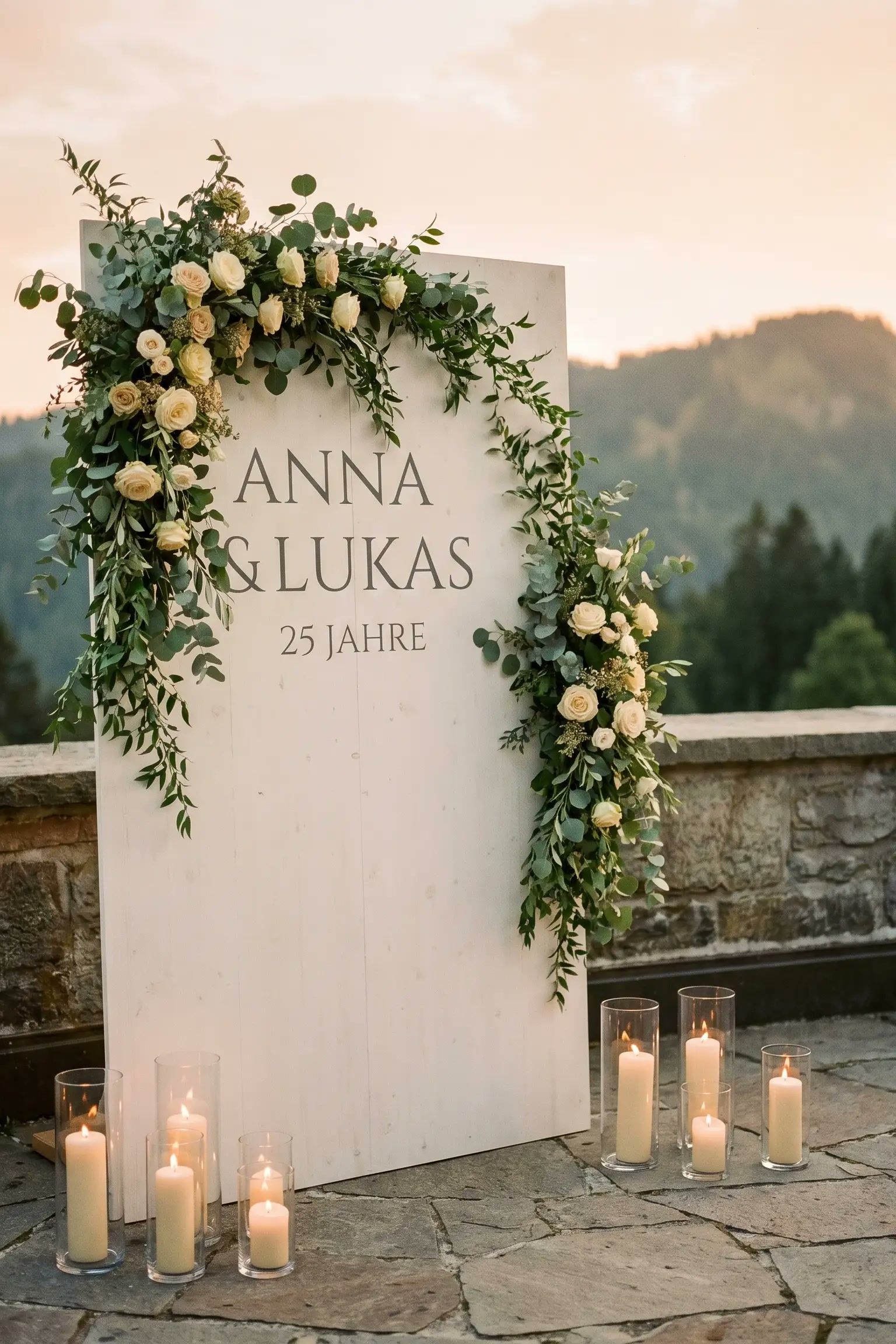 Personalisierte Fotowand mit Blumengirlande und Kerzen zur Silberhochzeit