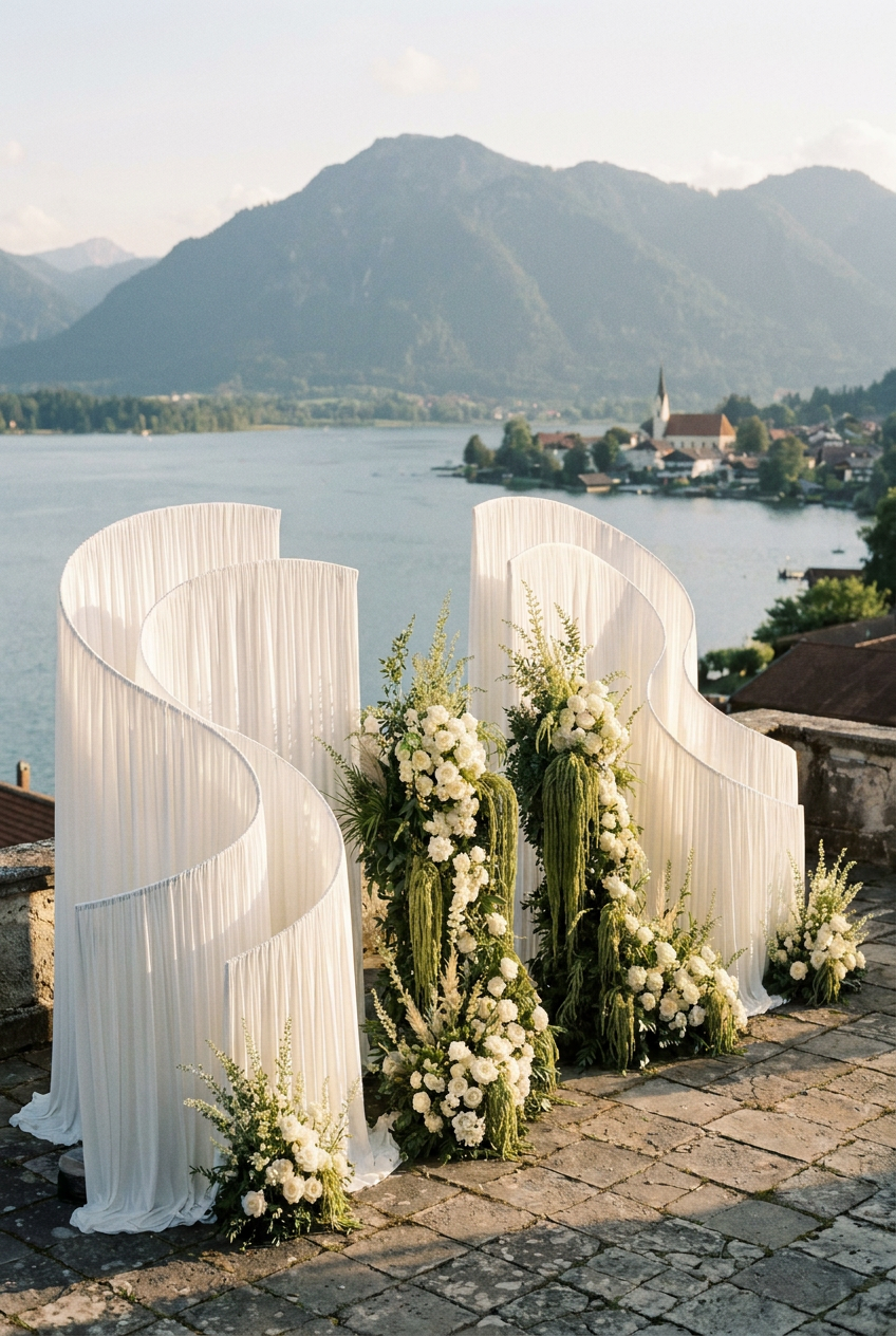 Geschwungene weiße Stoffbahnen als Hochzeitskulisse mit Rosensäulen an einem bayerischen See