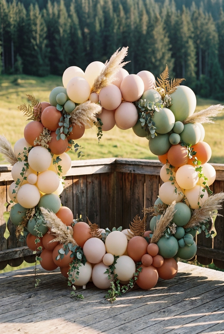 Boho-Ballonring in Salbei, Terracotta und Creme mit Pampasgras auf einer Alm